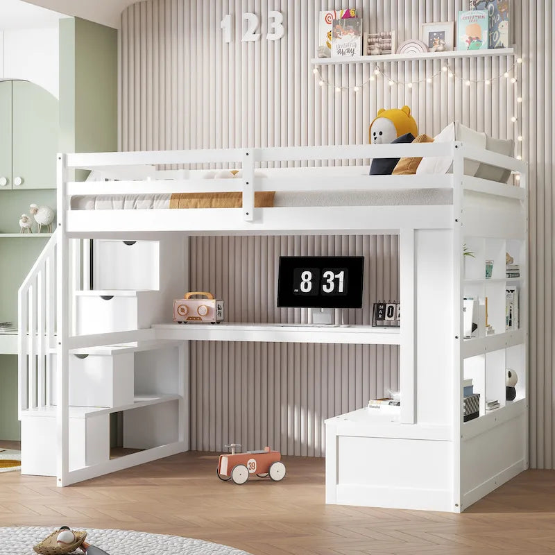 White Full Solid Wood Loft Bed with Desk & Drawers
