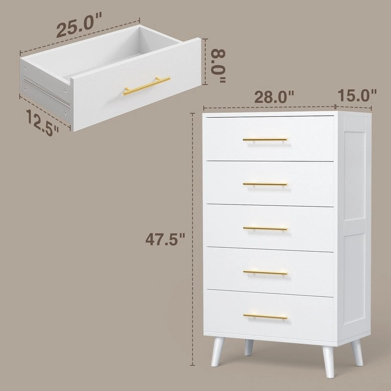 5 Drawer Dresser for Bedroom, High Drawer Chest of Drawers with Metal Knobs