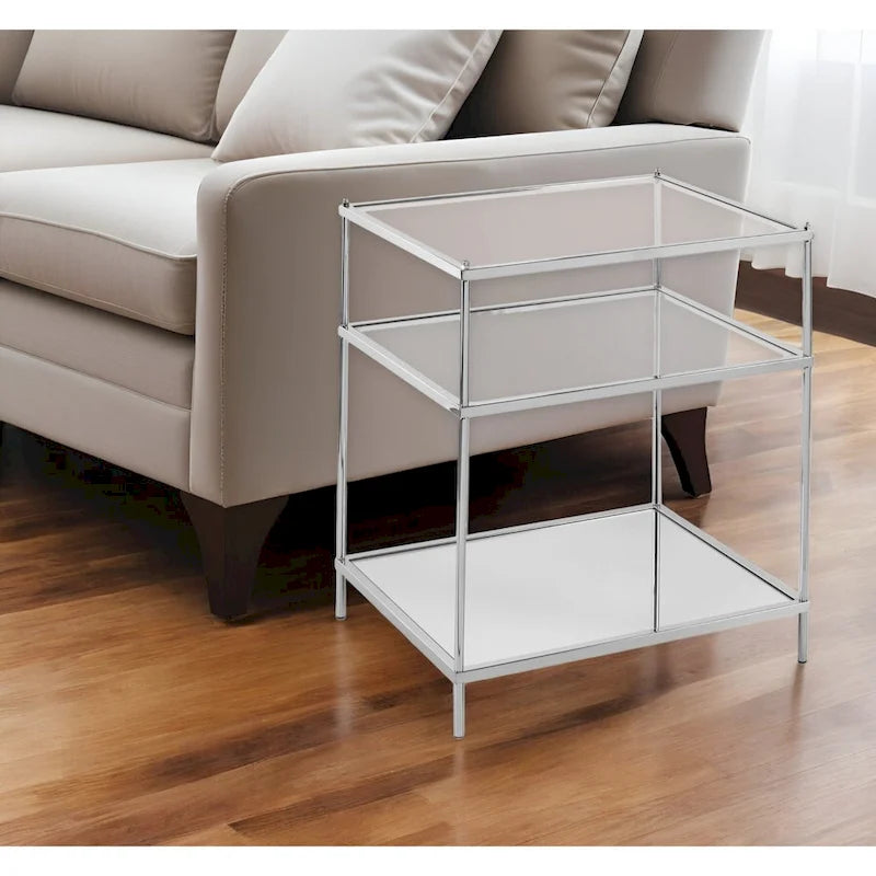 Table d'appoint en fer et verre miroir argenté avec étagère - 22x18x26,75