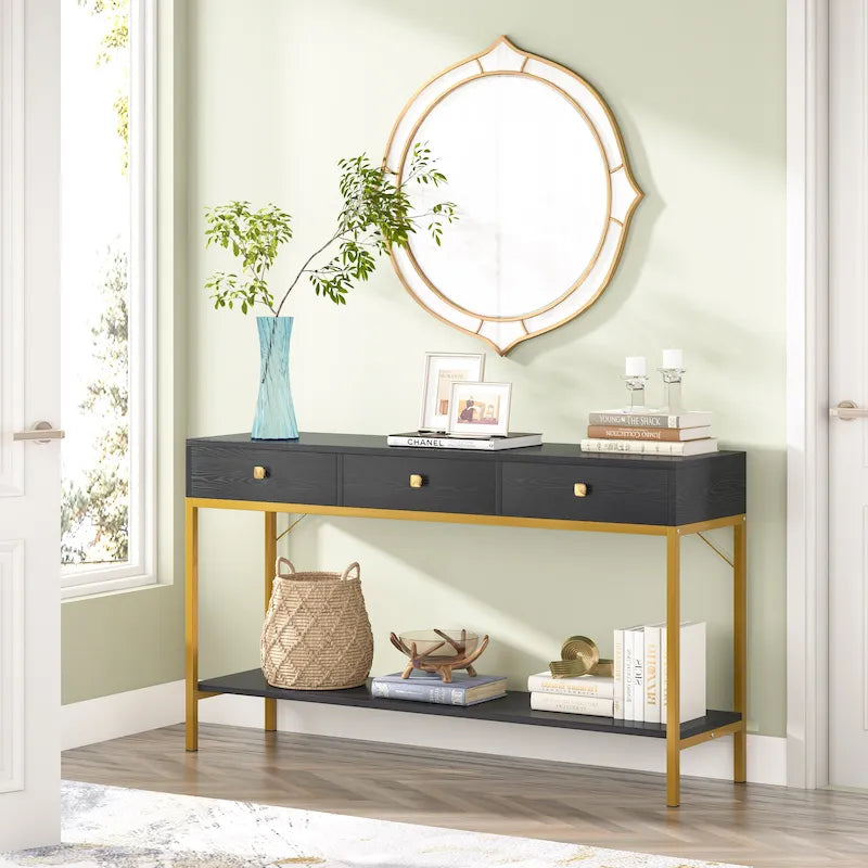 Console de 138 cm avec 3 tiroirs / Coiffeuse, table d'entrée noire avec étagères de rangement