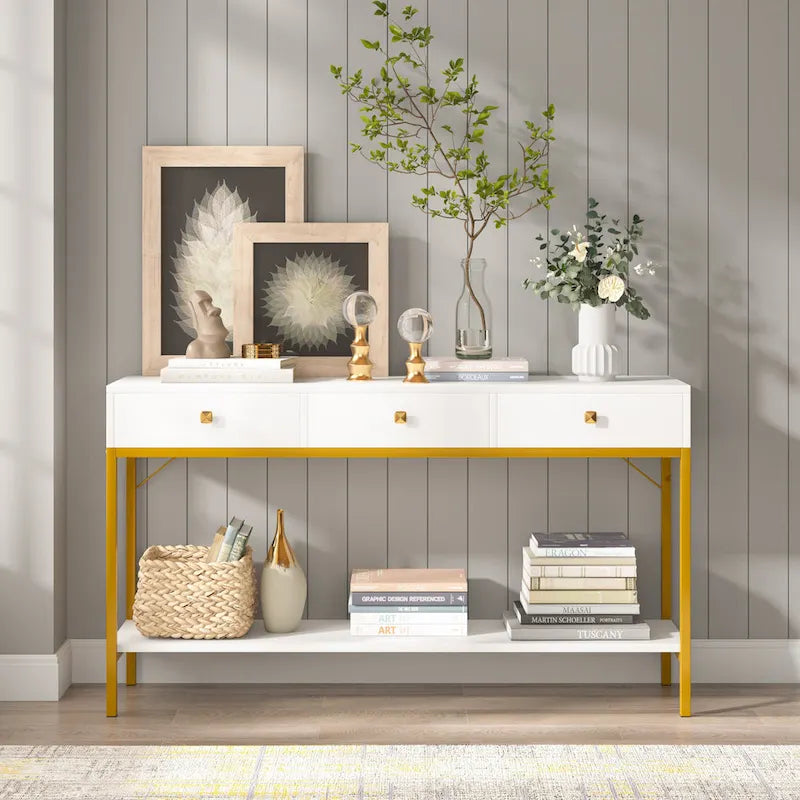 Console de 138 cm avec 3 tiroirs / Coiffeuse, table d'entrée noire avec étagères de rangement