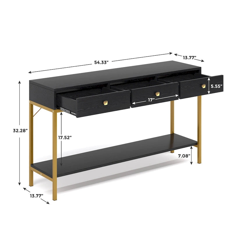 Console de 138 cm avec 3 tiroirs / Coiffeuse, table d'entrée noire avec étagères de rangement