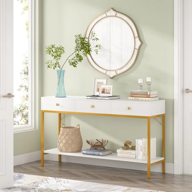 Console de 138 cm avec 3 tiroirs / Coiffeuse, table d'entrée noire avec étagères de rangement