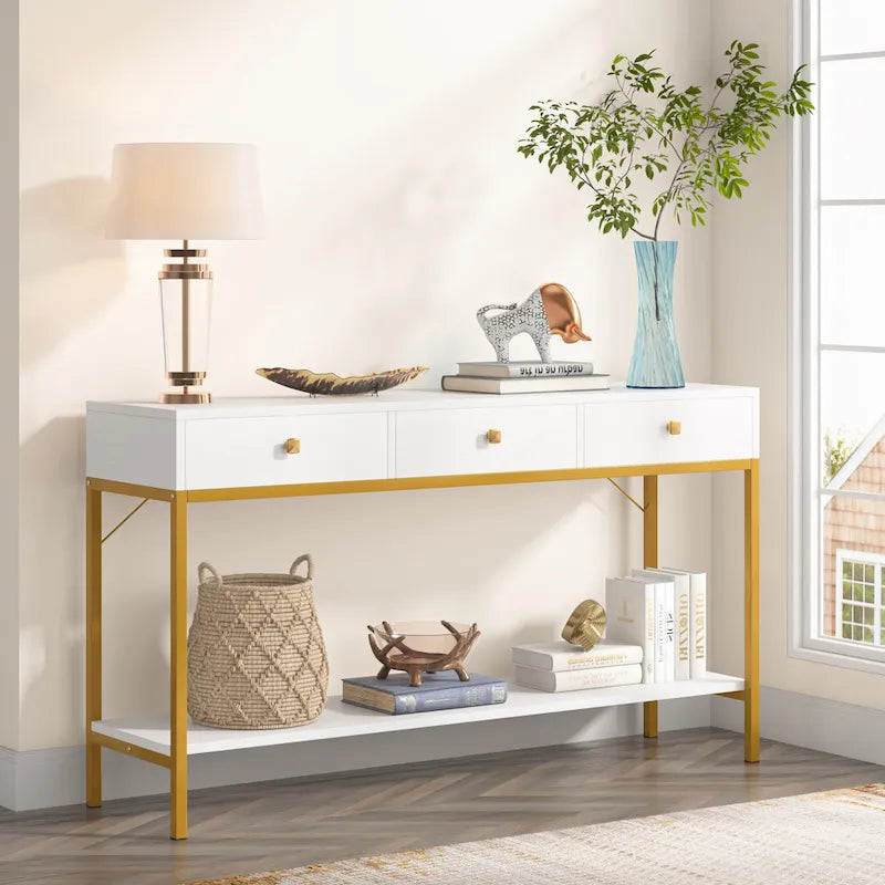 Console de 138 cm avec 3 tiroirs / Coiffeuse, table d'entrée noire avec étagères de rangement