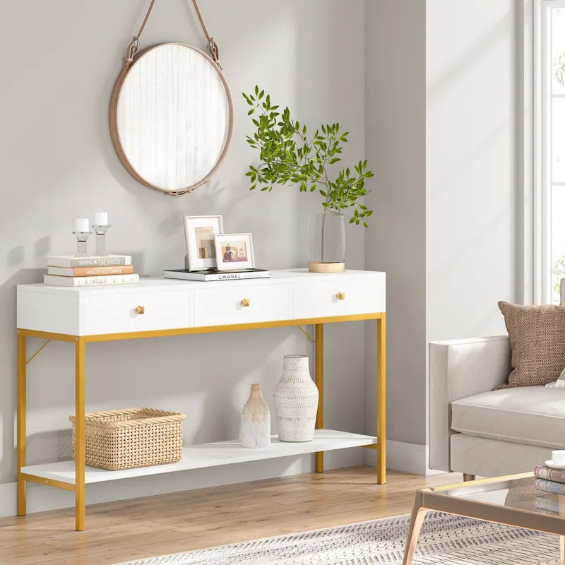 Console de 138 cm avec 3 tiroirs / Coiffeuse, table d'entrée noire avec étagères de rangement