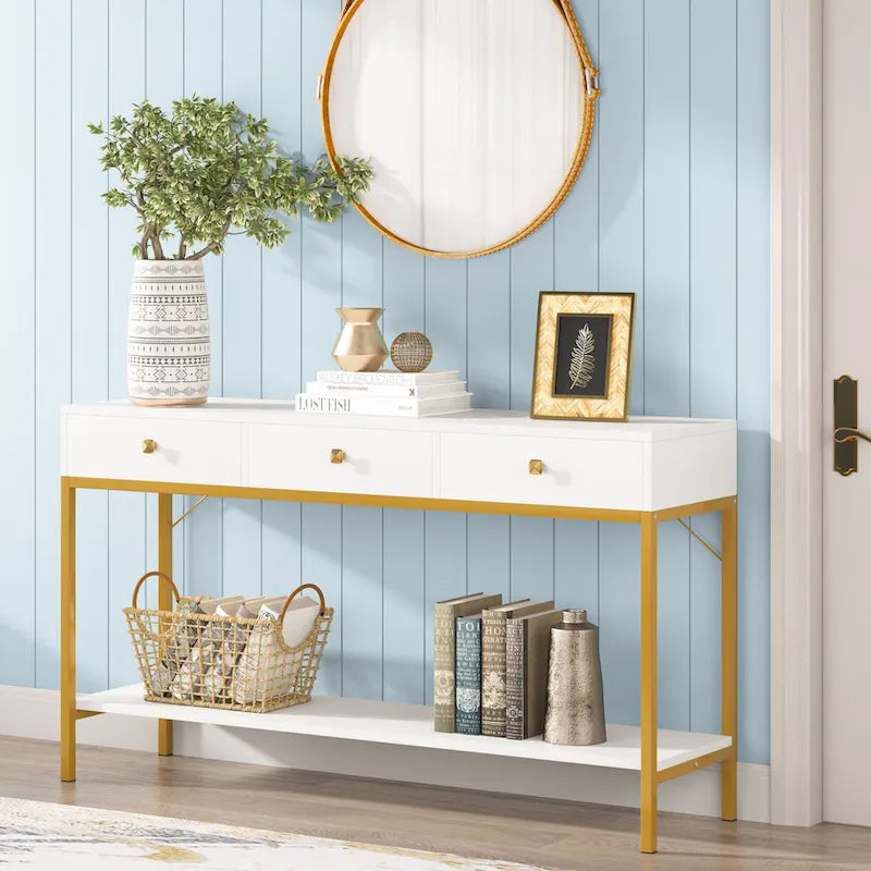 Console de 138 cm avec 3 tiroirs / Coiffeuse, table d'entrée noire avec étagères de rangement