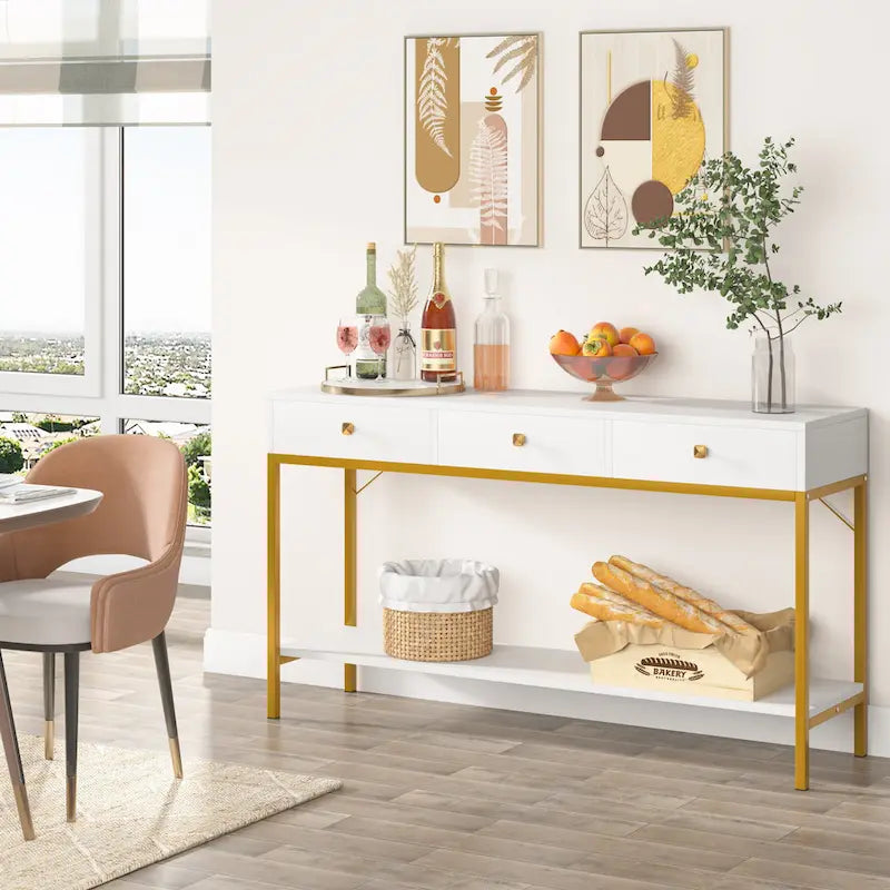 Console de 138 cm avec 3 tiroirs / Coiffeuse, table d'entrée noire avec étagères de rangement