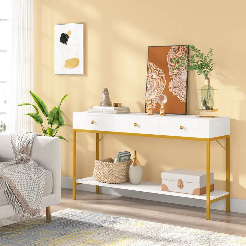 Console de 138 cm avec 3 tiroirs / Coiffeuse, table d'entrée noire avec étagères de rangement
