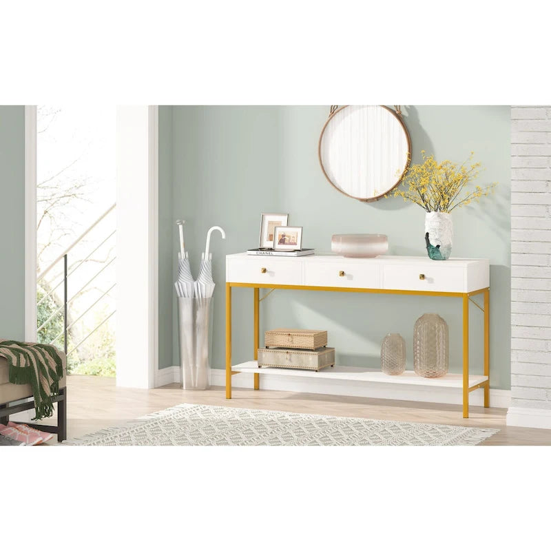 Console de 138 cm avec 3 tiroirs / Coiffeuse, table d'entrée noire avec étagères de rangement