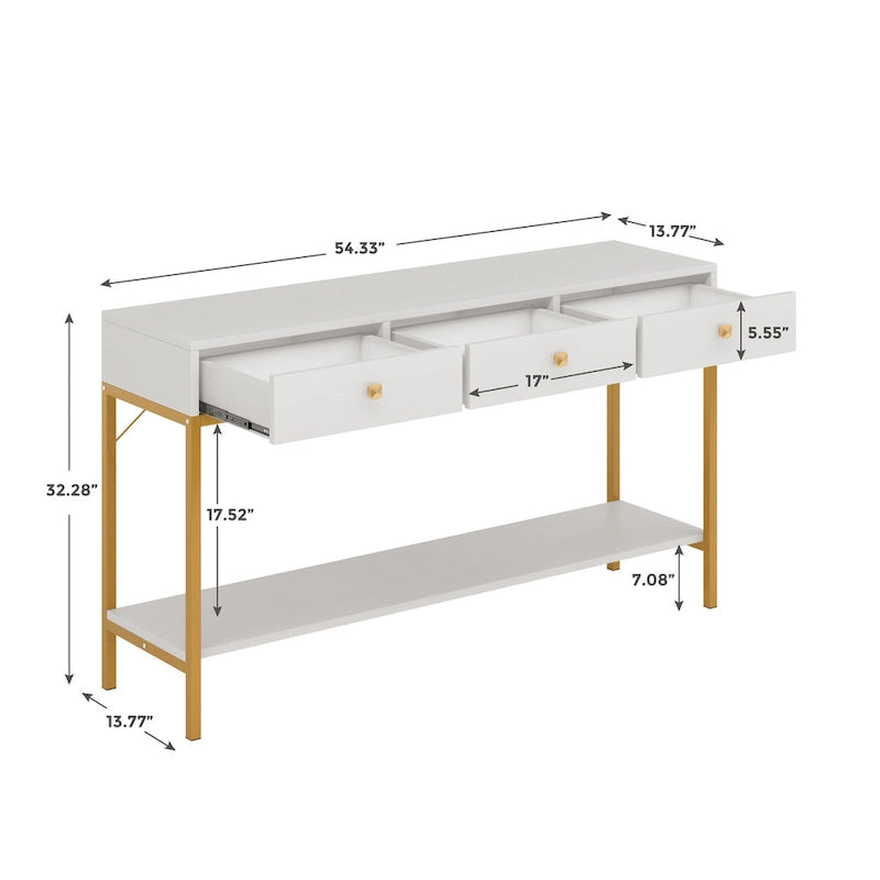 Console de 138 cm avec 3 tiroirs / Coiffeuse, table d'entrée noire avec étagères de rangement