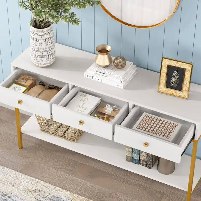 Console de 138 cm avec 3 tiroirs / Coiffeuse, table d'entrée noire avec étagères de rangement