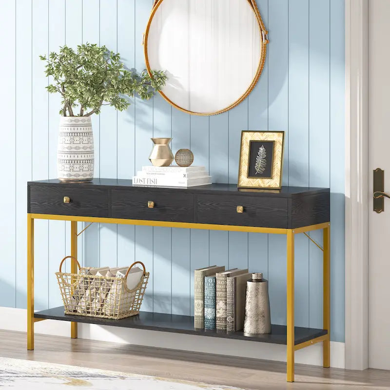 Console de 138 cm avec 3 tiroirs / Coiffeuse, table d'entrée noire avec étagères de rangement