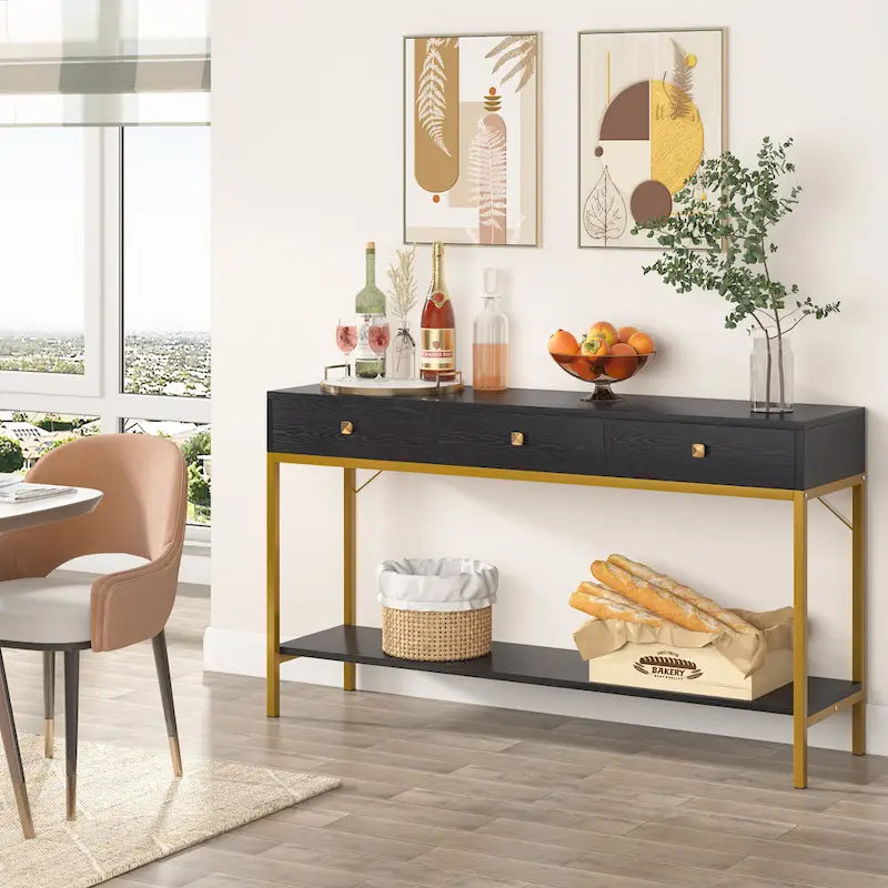 Console de 138 cm avec 3 tiroirs / Coiffeuse, table d'entrée noire avec étagères de rangement