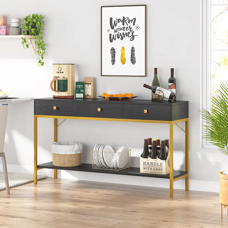Console de 138 cm avec 3 tiroirs / Coiffeuse, table d'entrée noire avec étagères de rangement