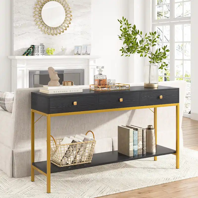 Console de 138 cm avec 3 tiroirs / Coiffeuse, table d'entrée noire avec étagères de rangement