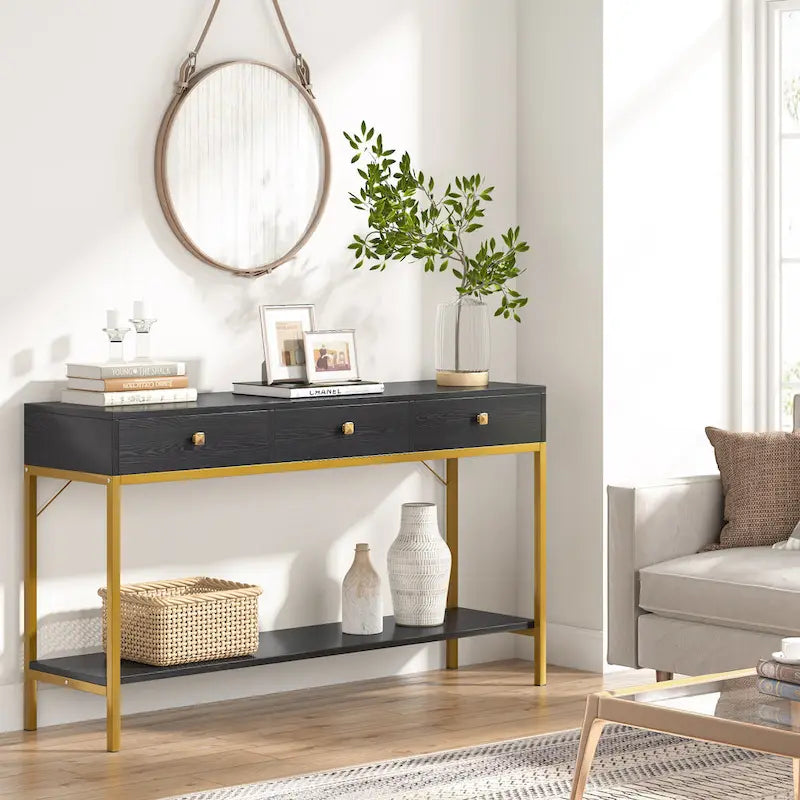 Console de 138 cm avec 3 tiroirs / Coiffeuse, table d'entrée noire avec étagères de rangement