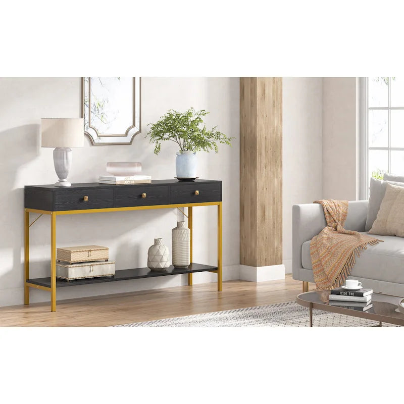 Console de 138 cm avec 3 tiroirs / Coiffeuse, table d'entrée noire avec étagères de rangement