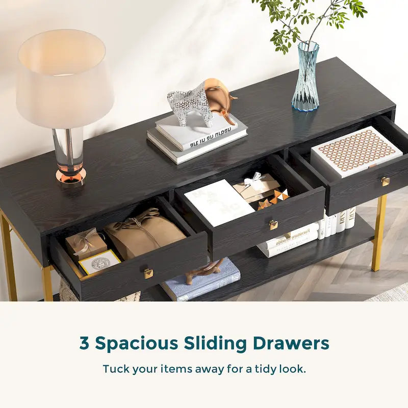 Console de 138 cm avec 3 tiroirs / Coiffeuse, table d'entrée noire avec étagères de rangement