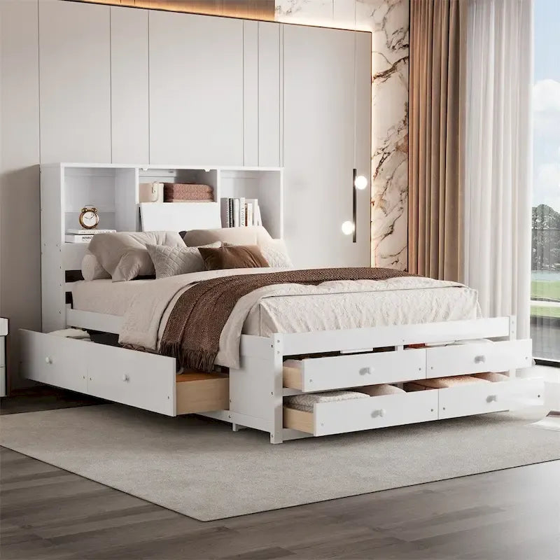 Queen Size Platform Bed with Storage Headboard and 8 Drawers