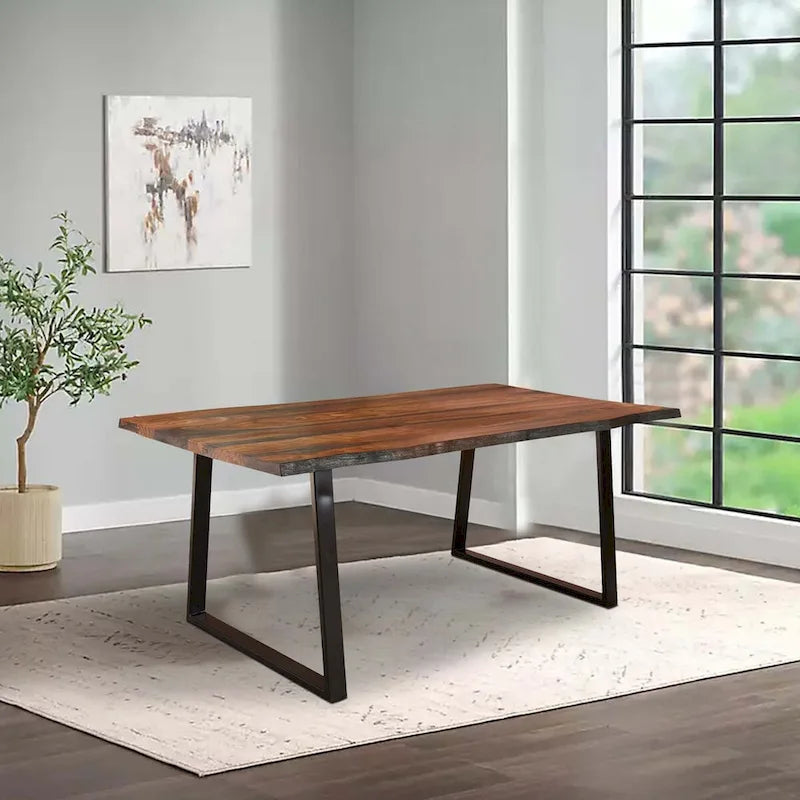 Maze 80 Inch Rectangular Dining Table, Live Edge, Iron Base, Chestnut Brown
