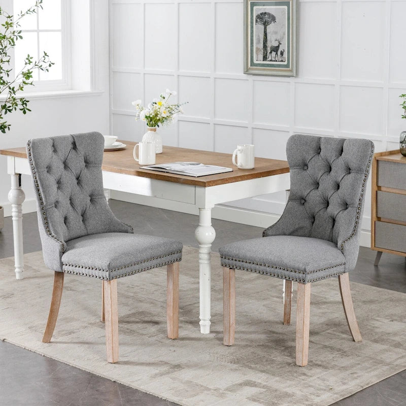 Ensemble de 2 chaises de salle à manger haut de gamme en lin touffeté contemporain, en bois massif, avec pieds en bois et clous décoratifs