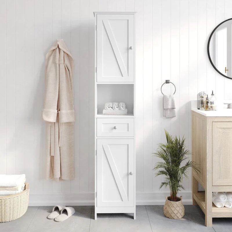 Colonne de rangement pour linge autoportante de style ferme (avec étagères, tiroirs et portes d'armoire)