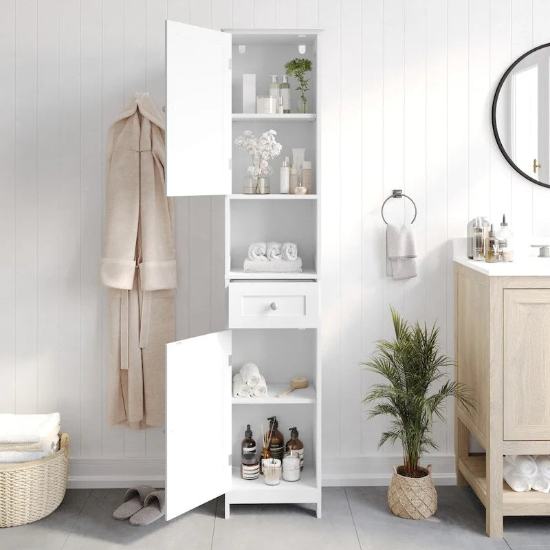 Colonne de rangement pour linge autoportante de style ferme (avec étagères, tiroirs et portes d'armoire)