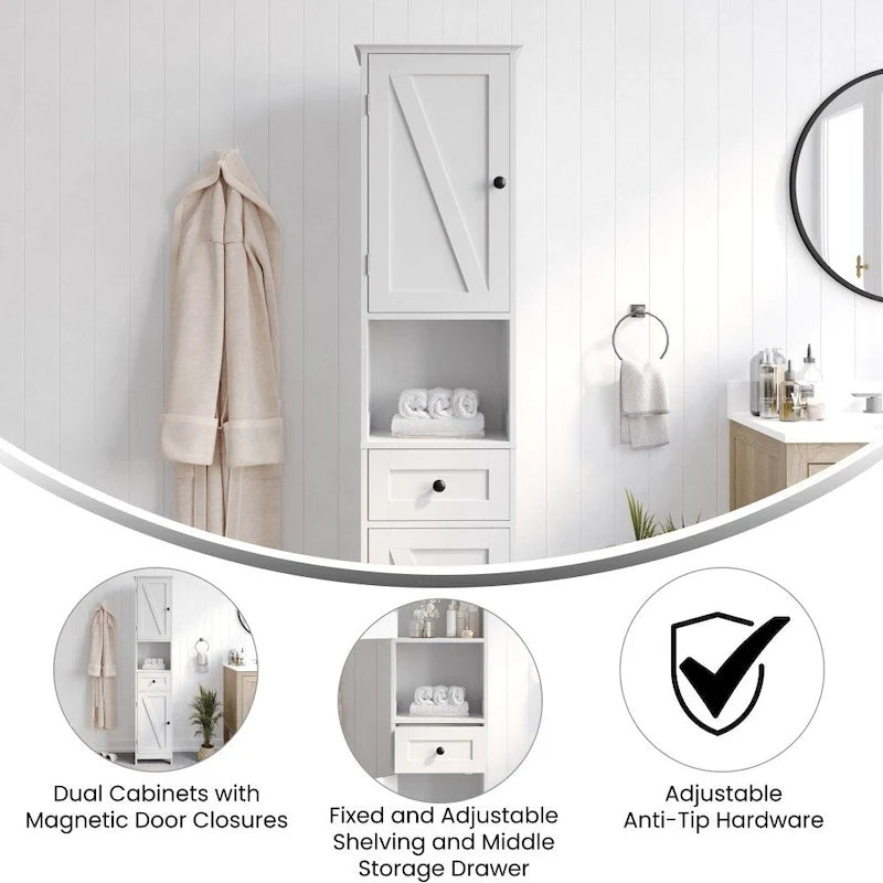Colonne de rangement pour linge autoportante de style ferme (avec étagères, tiroirs et portes d'armoire)