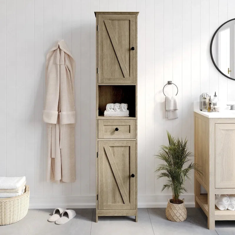 Colonne de rangement pour linge autoportante de style ferme (avec étagères, tiroirs et portes d'armoire)