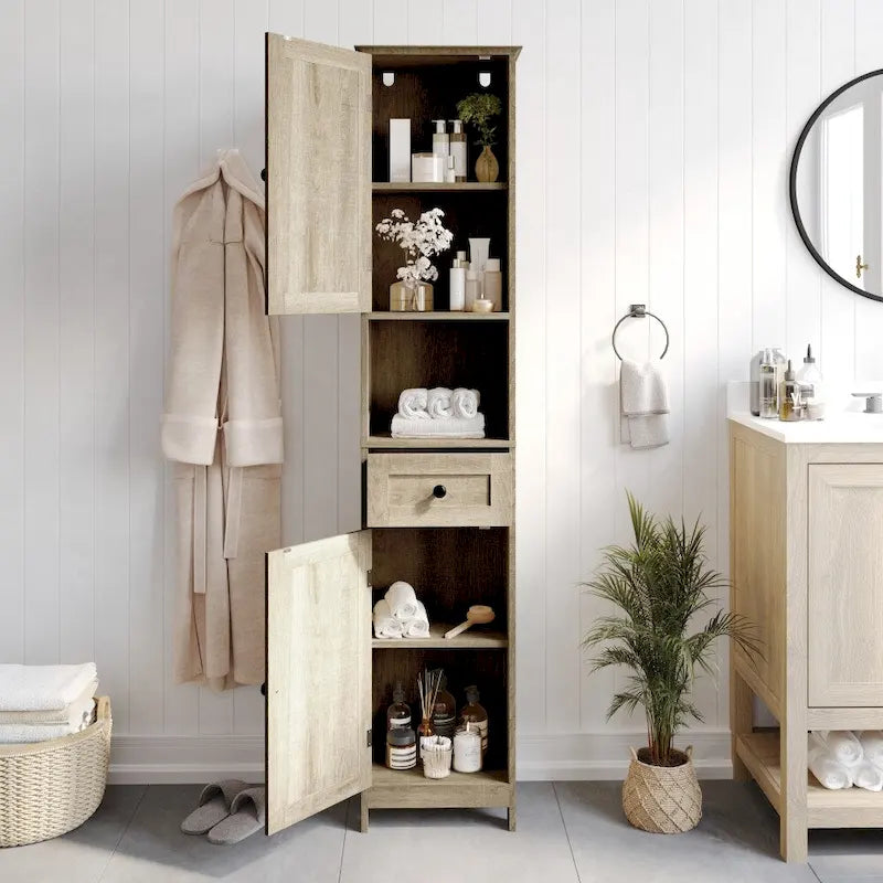Colonne de rangement pour linge autoportante de style ferme (avec étagères, tiroirs et portes d'armoire)
