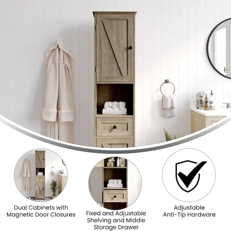 Colonne de rangement pour linge autoportante de style ferme (avec étagères, tiroirs et portes d'armoire)
